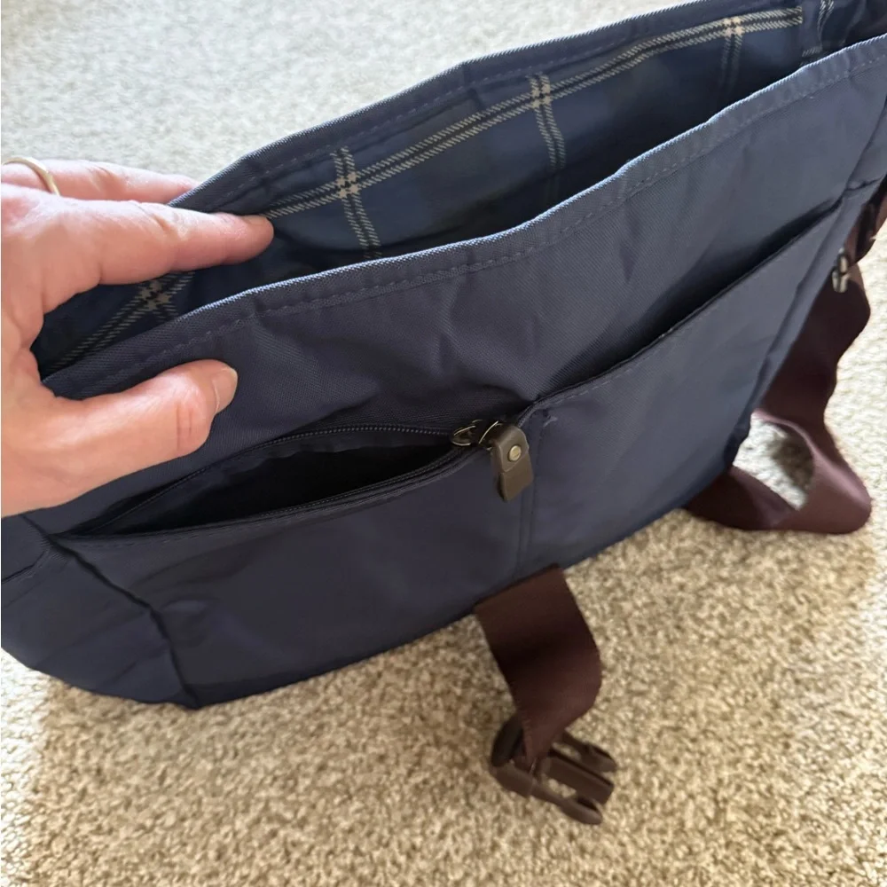 G.H. Bass & Co. Navy Laptop Messenger Bag with Brown Strap